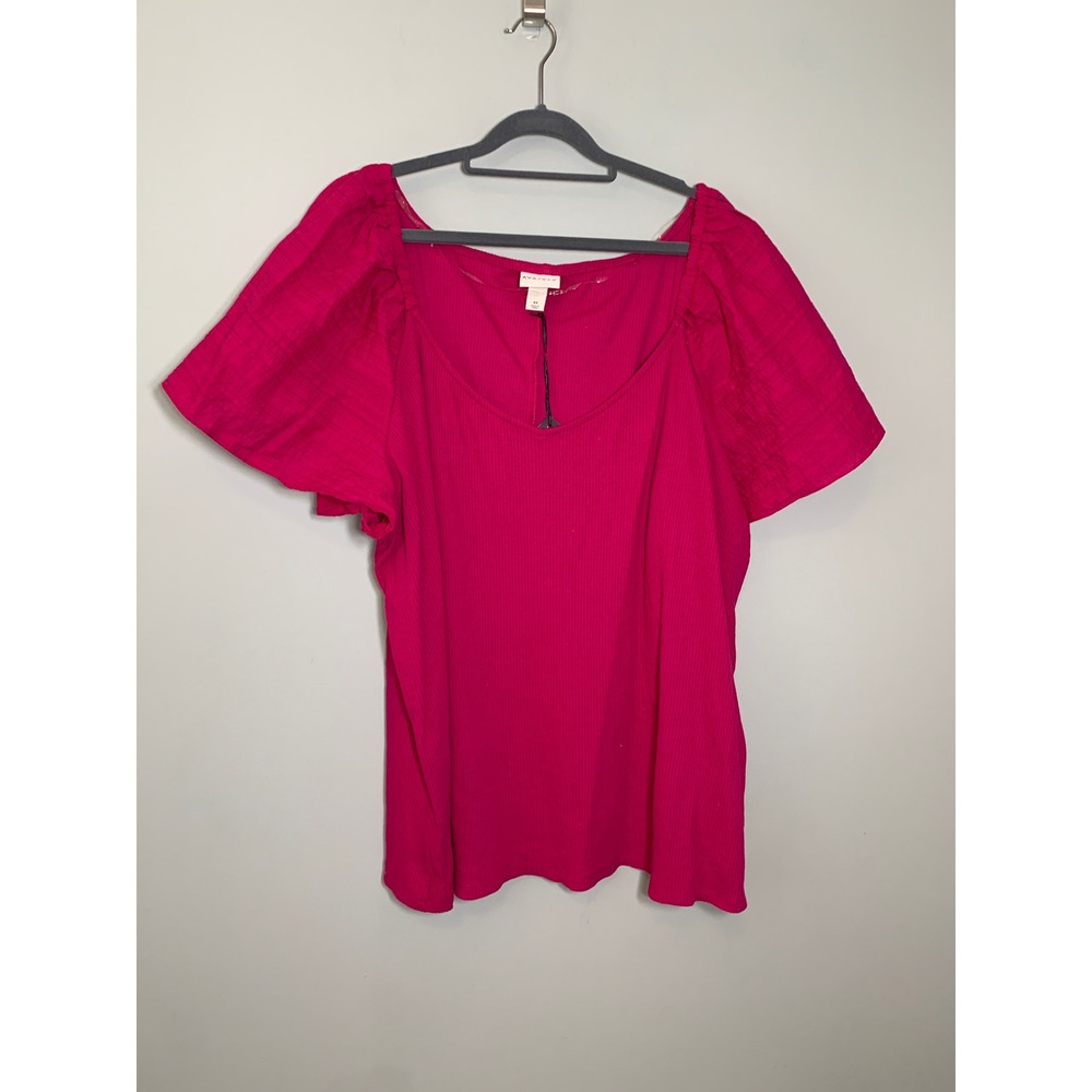 NEW Ava & Viv Top Womens‎ 4X Magenta Pink Ribbed Puff Sleeve V-Neck Blouse